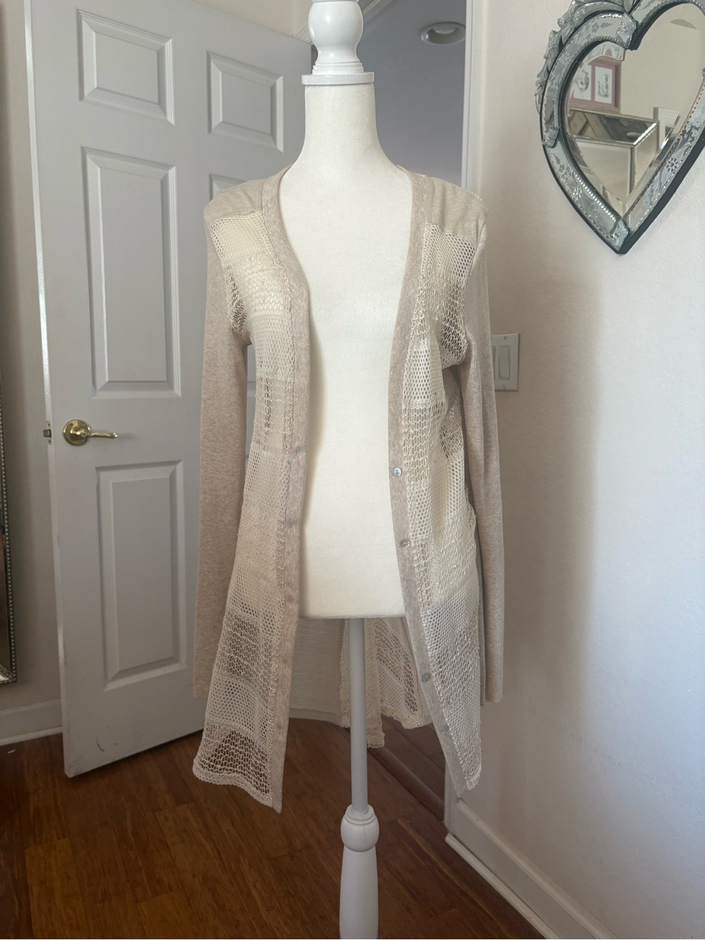 Mystree Beige Open-Weave Long Cardigan With Clear Sequins